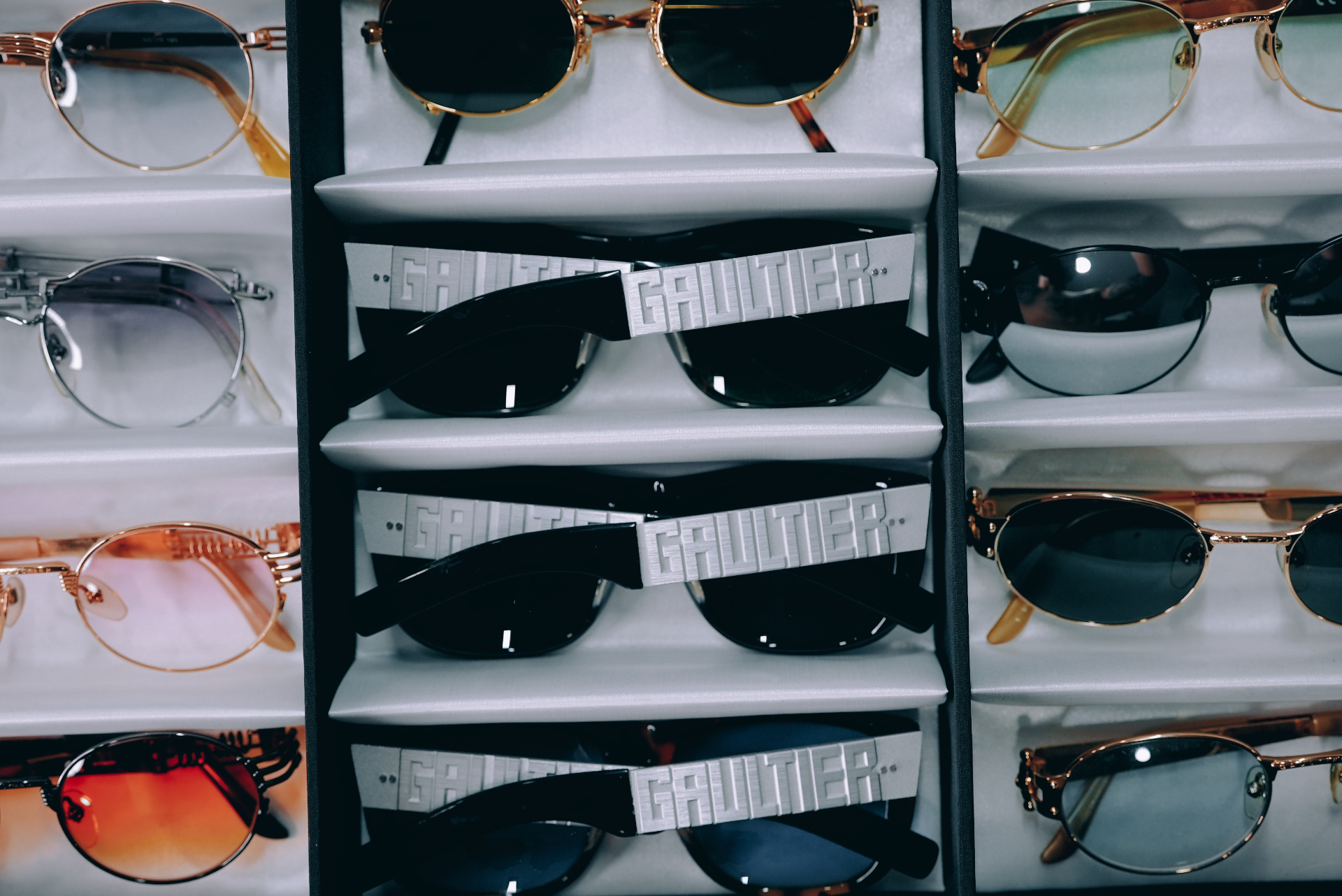 Rows of rare vintage designer sunglasses from the 858Vintage archive